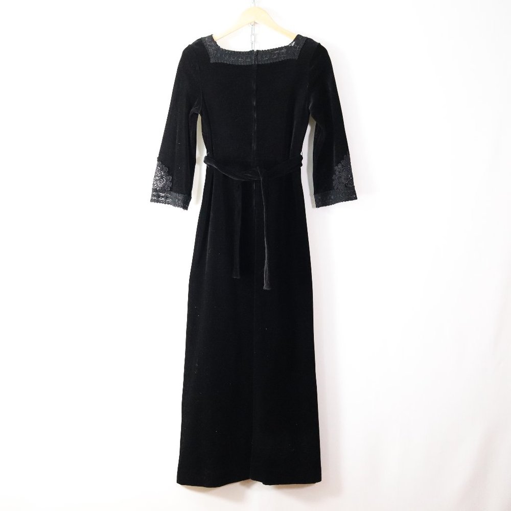 SOLD vintage 70s black velvet lace maxi dress S - Picture 7 of 8